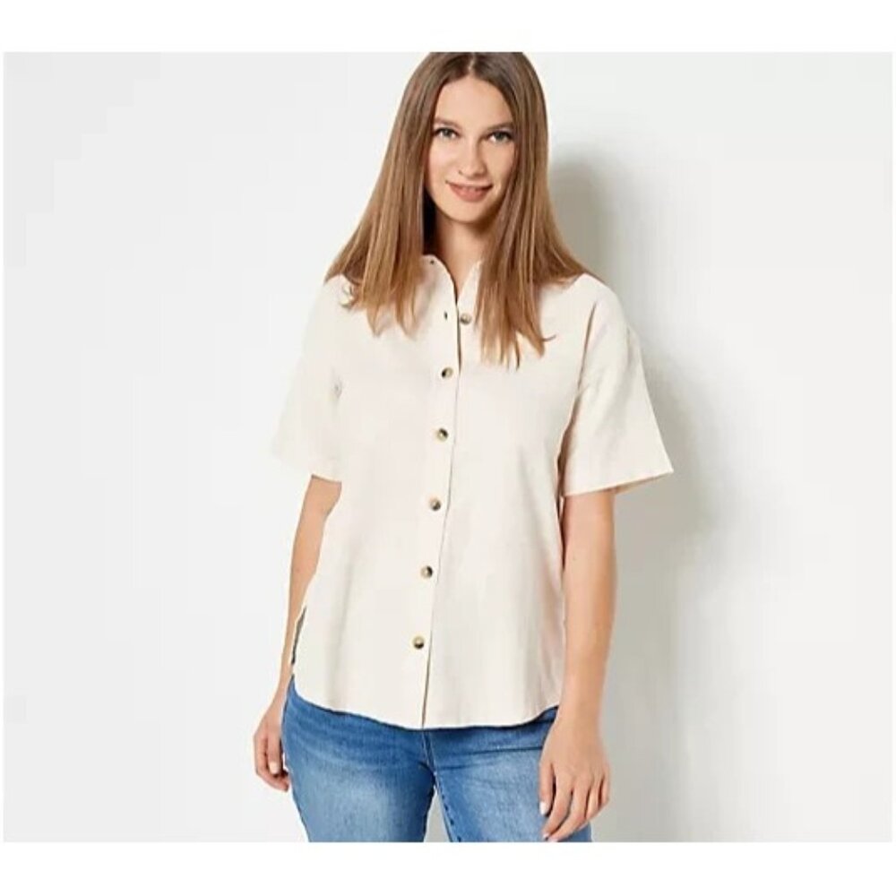 Studio Park x Courtney Button Button-Front Linen-Blend Top Sand Small A491910